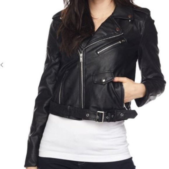 Faux Leather Belted Moto Biker Jacket - Picture 1 of 1